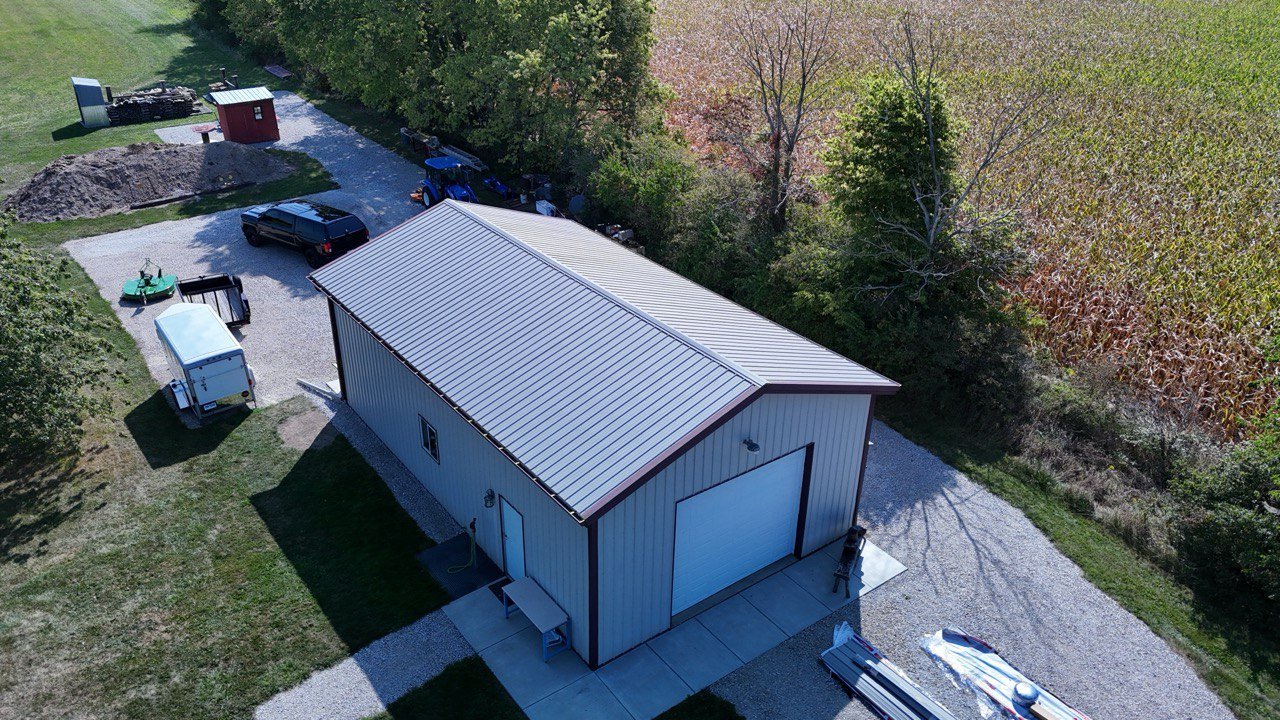Aerial view of a completed Windy Hill metal roof